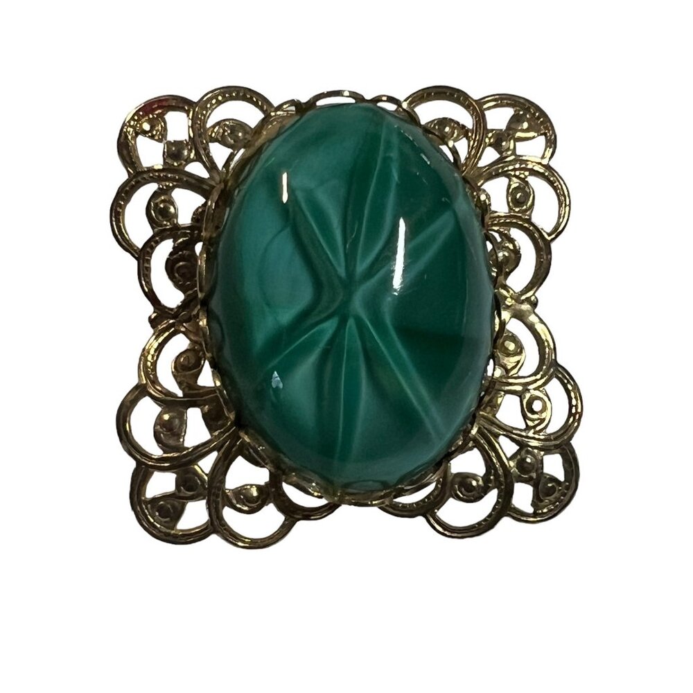 Vintage Brooch Large Green Glass Cabochon Faux Star Stone Gold Tone Filigree Pin
